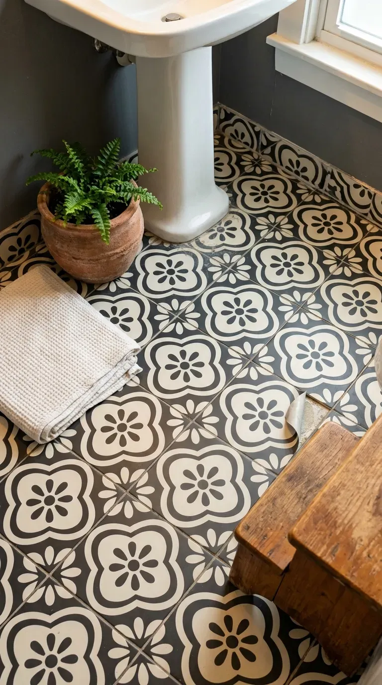 Patterned peel-and-stick tile floor in a small bathroom with a fern pot
