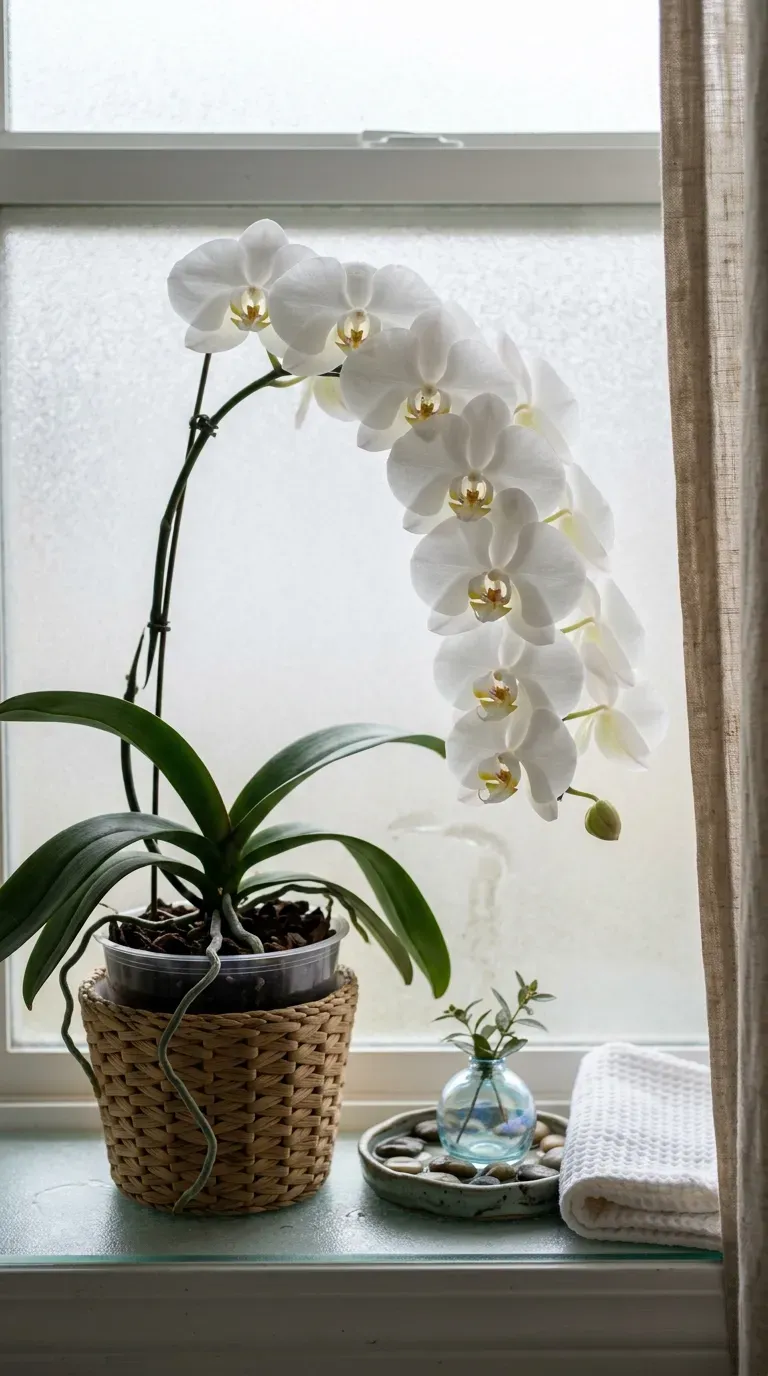 White phalaenopsis orchid in bloom on a bathroom windowsill with frosted glass