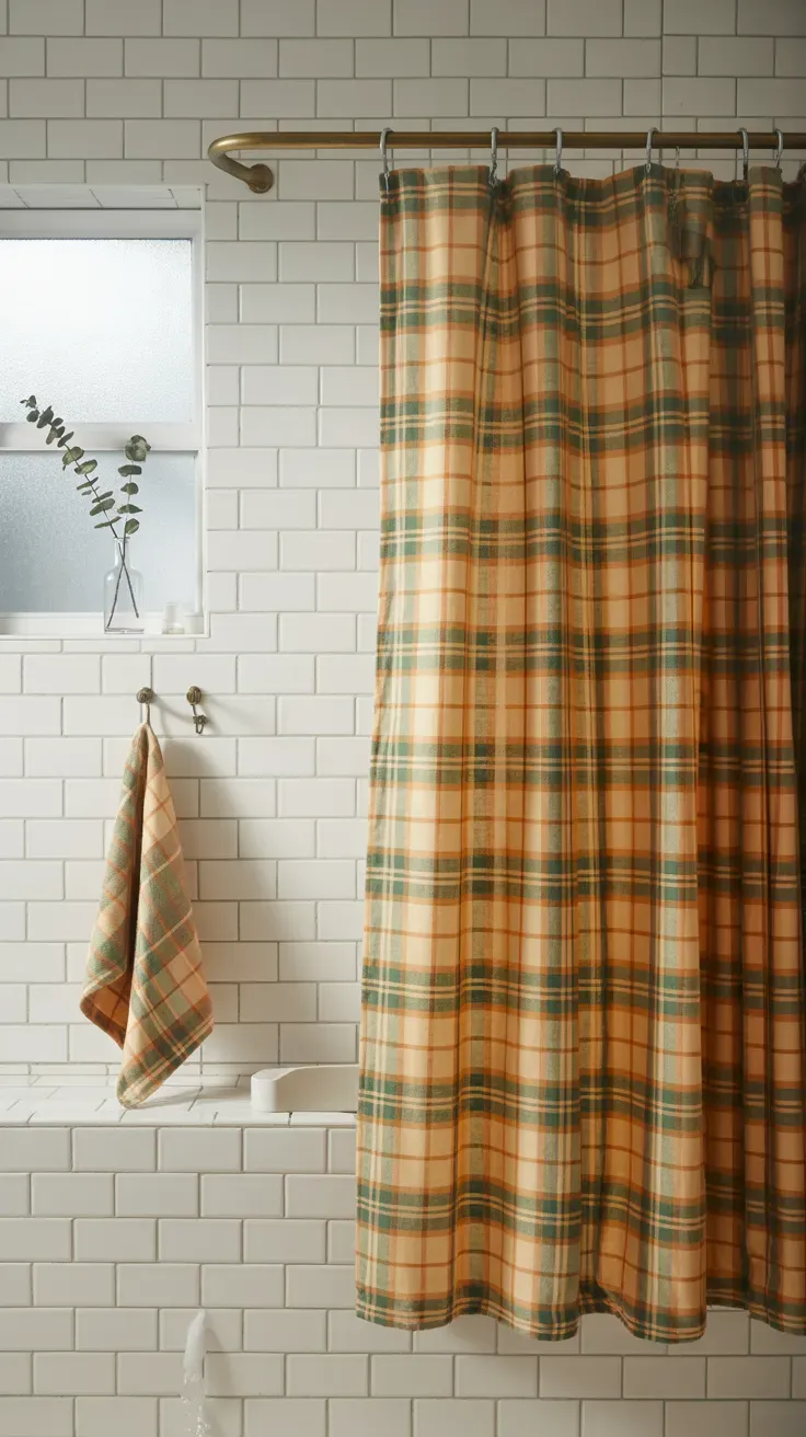 Plaid shower curtain in burnt orange and forest green hanging in a tiled bathroom