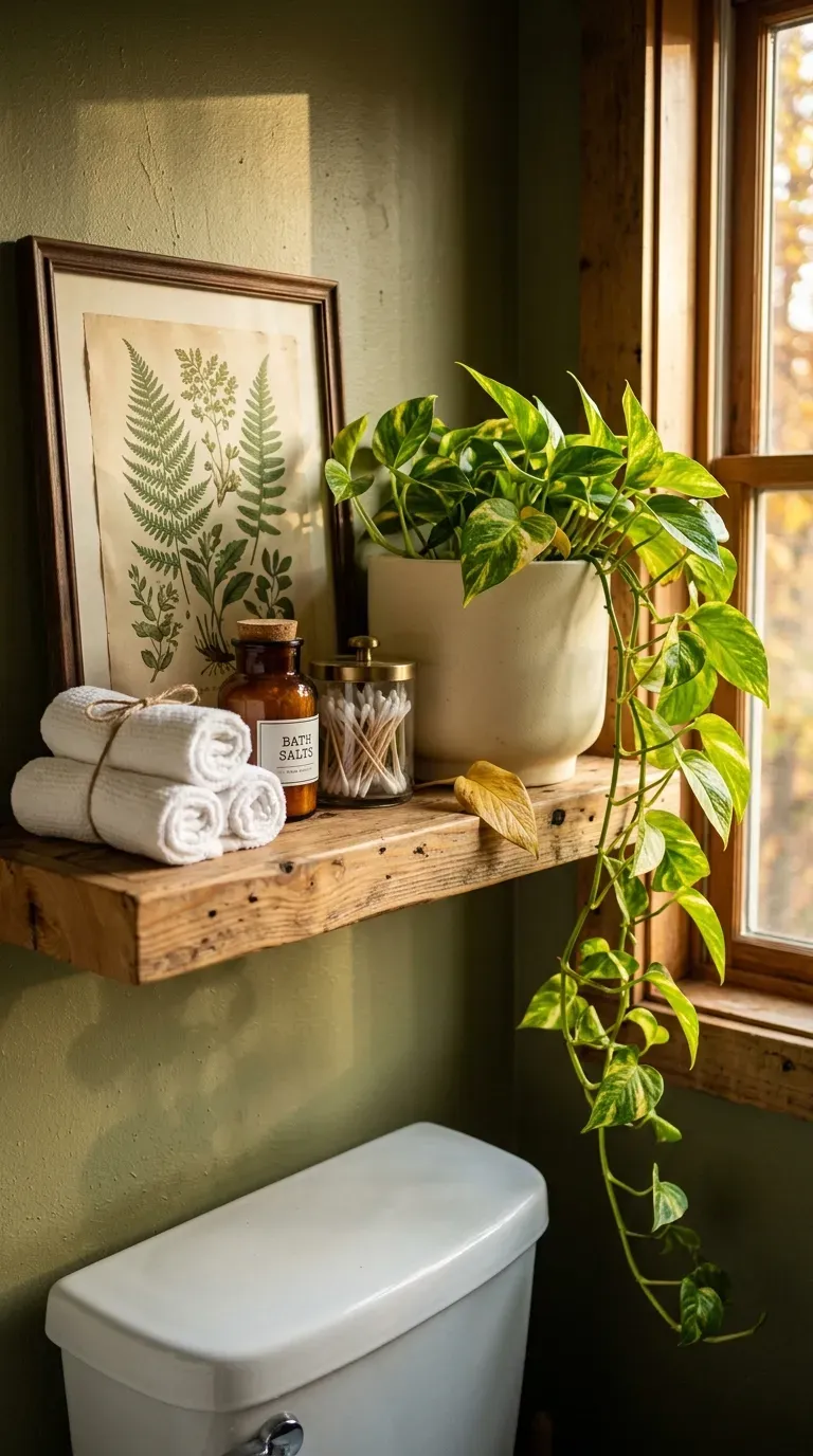 Golden pothos trailing down a pine floating shelf in a small bathroom