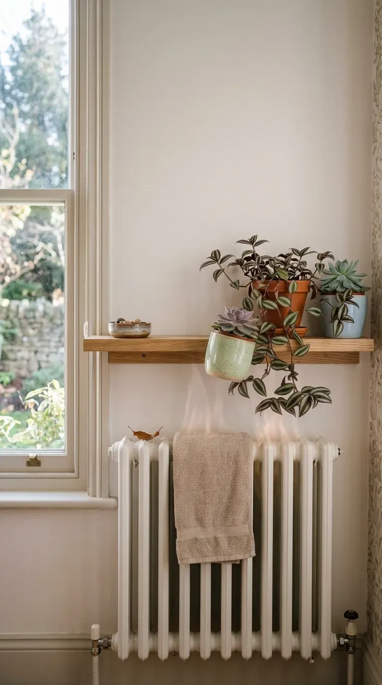 Narrow oak shelf above a column radiator holding small succulents and a trailing plant