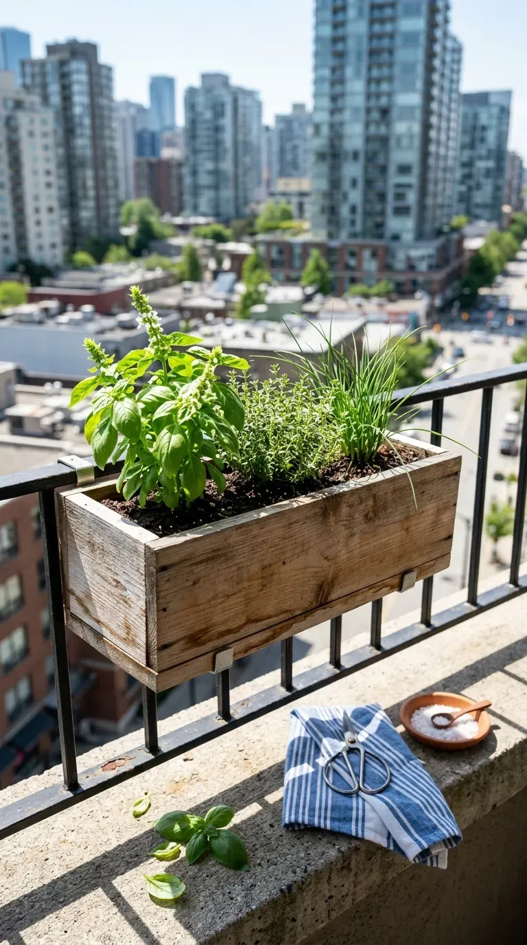 Cedar herb box mounted on a balcony railing with basil and thyme growing