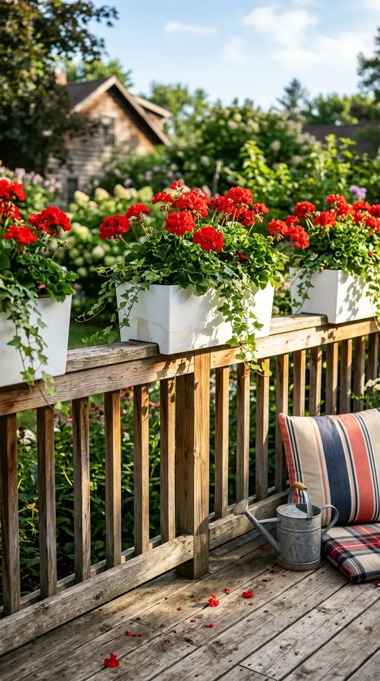 Row of self-watering rail planters overflowing with red geraniums on a wooden deck