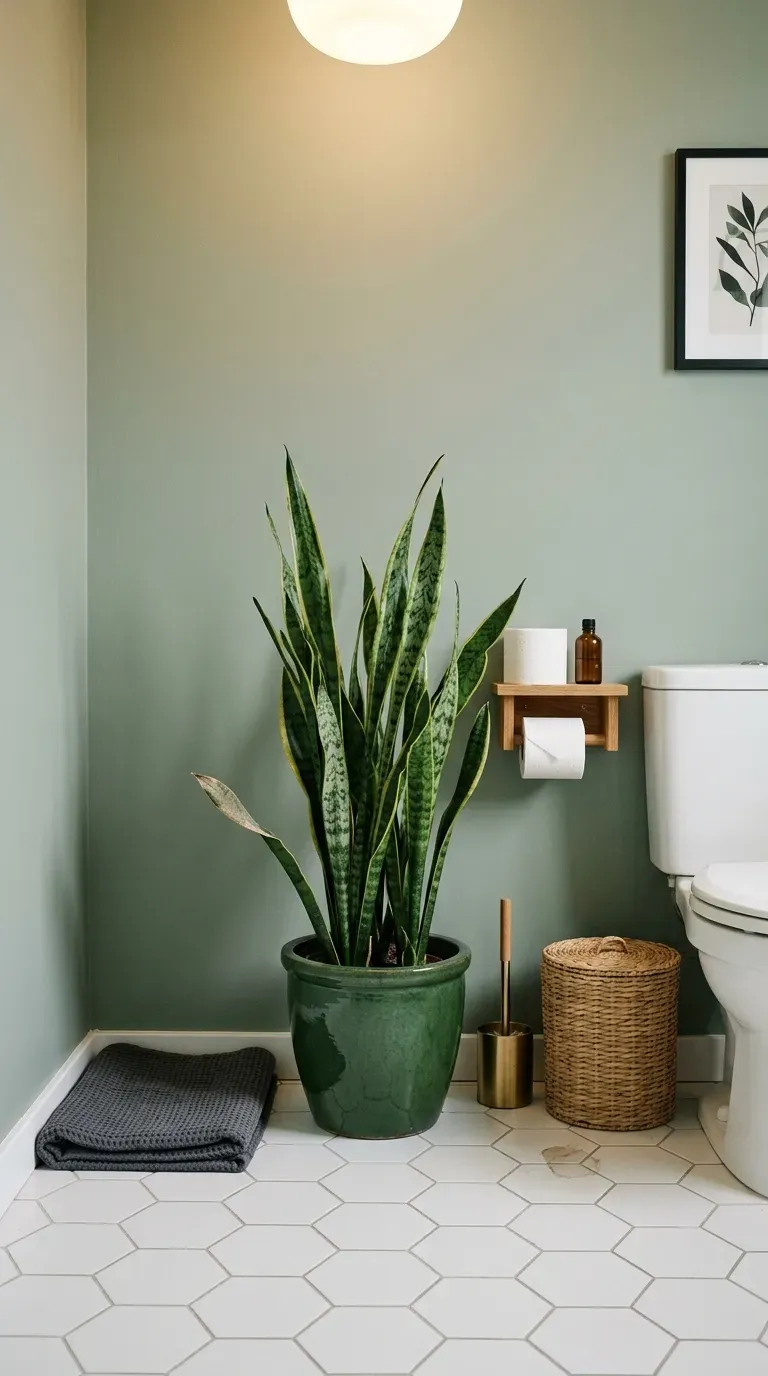 Tall snake plant in a green glazed pot in a tiled bathroom corner
