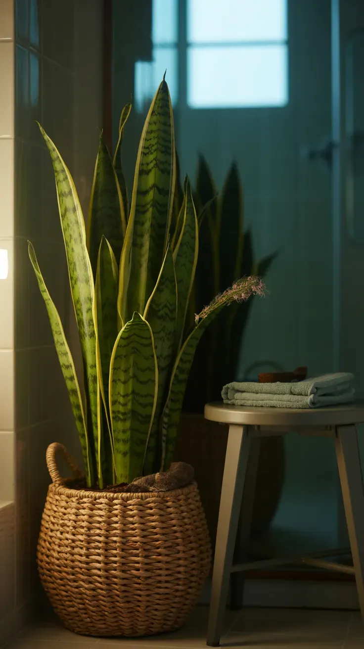 Tall snake plant in a woven basket planter in a dim bathroom corner