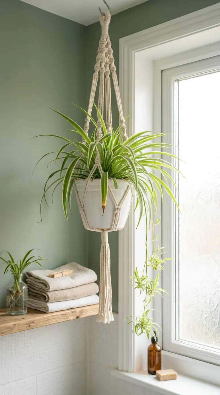 Spider plant in macramé hanger near a bright bathroom window