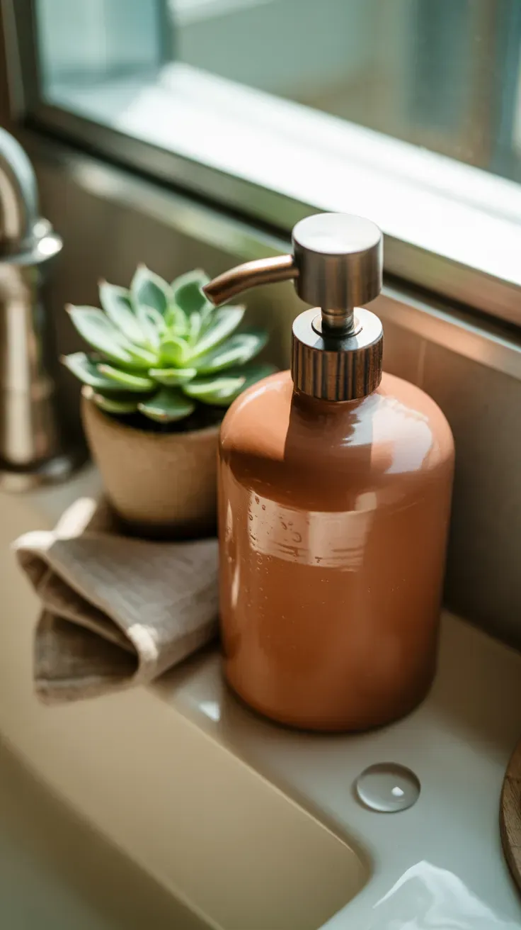 Matte terracotta stoneware soap dispenser beside a sink with a small succulent