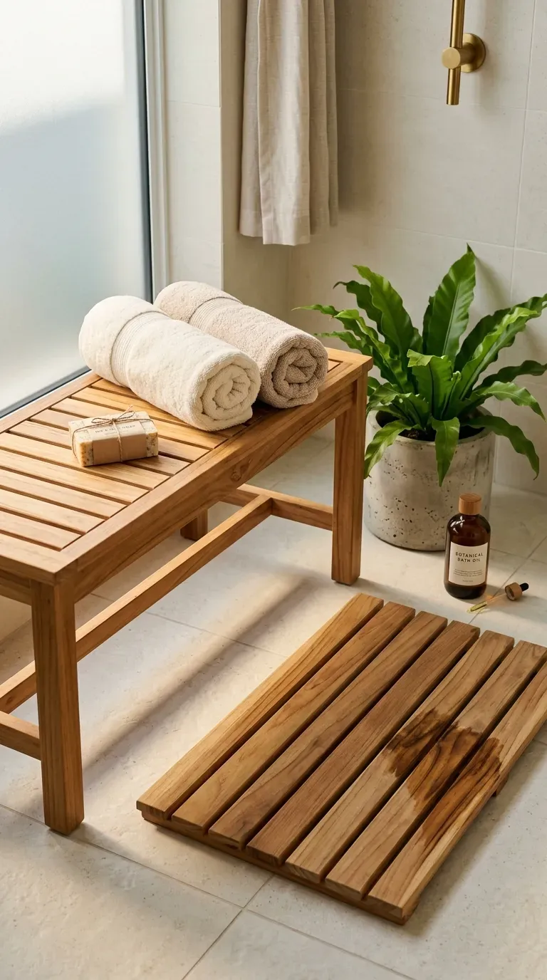 Slatted teak bench and duckboard mat beside a bath with rolled towels and a fern