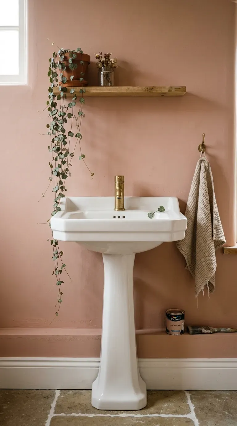 Bathroom wall painted warm clay pink with white basin and trailing plant on shelf