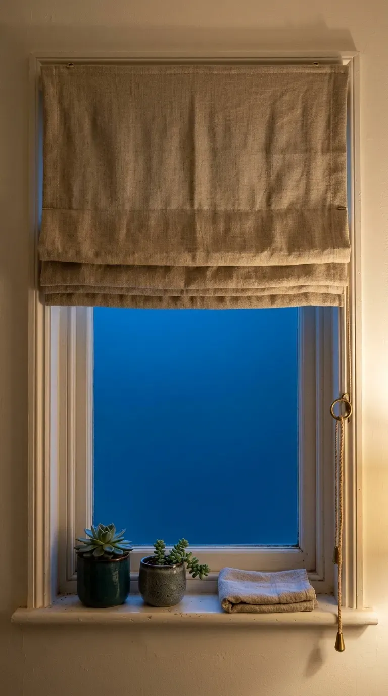 Thermal-lined linen blind lowered over a small frosted bathroom window at dusk