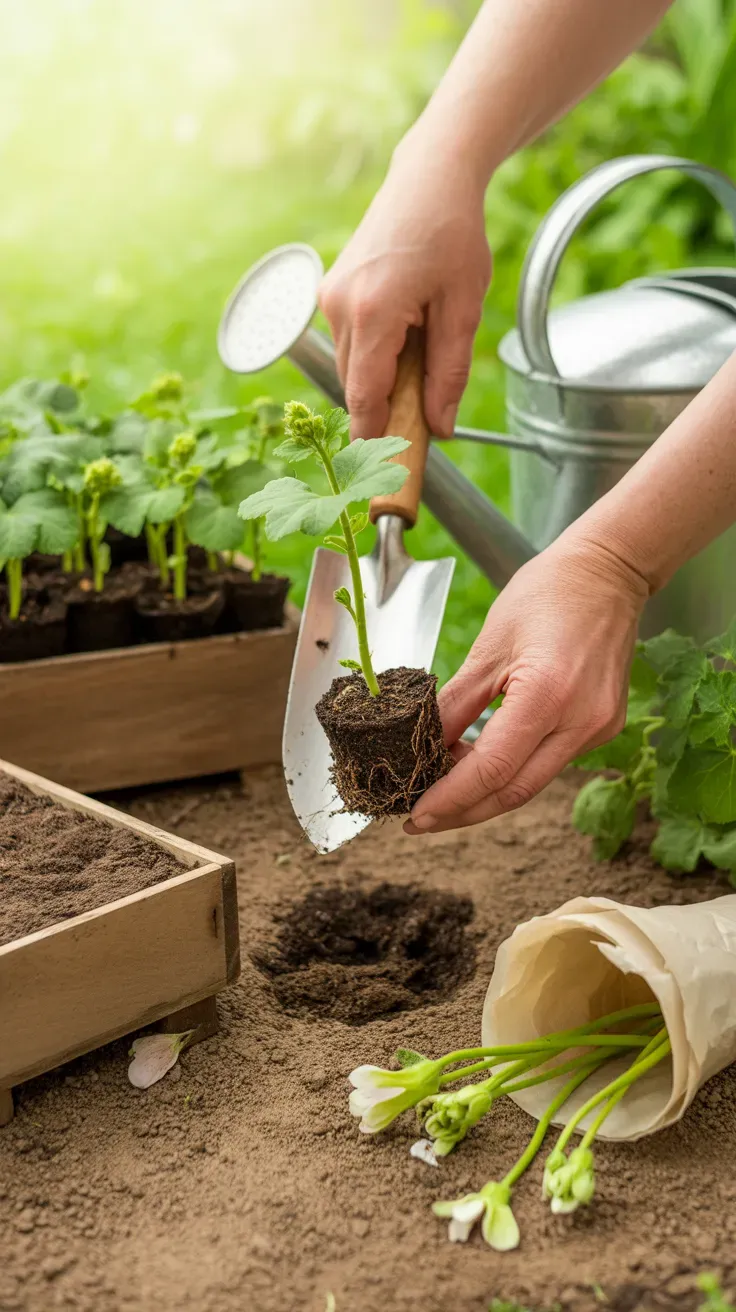 Small hollyhock seedlings being transplanted with a trowel into a garden border in spring