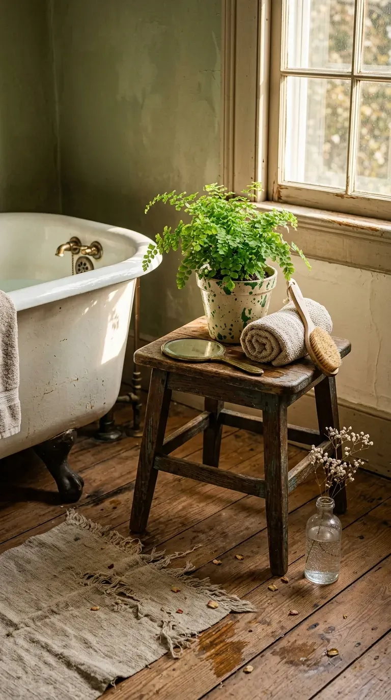 Vintage wooden stool holding a small plant and towel beside a bathtub