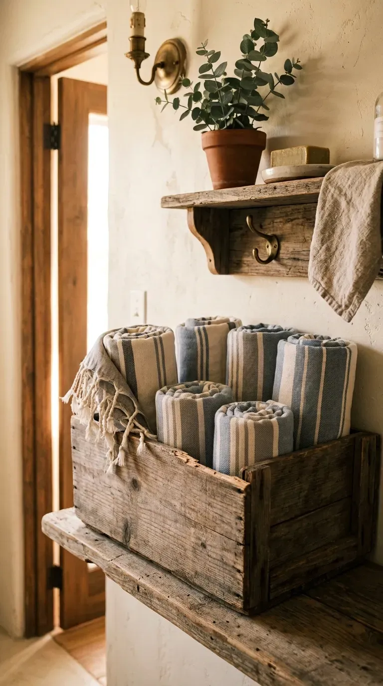 Rolled Turkish cotton towels stored in a wooden crate under a bathroom shelf