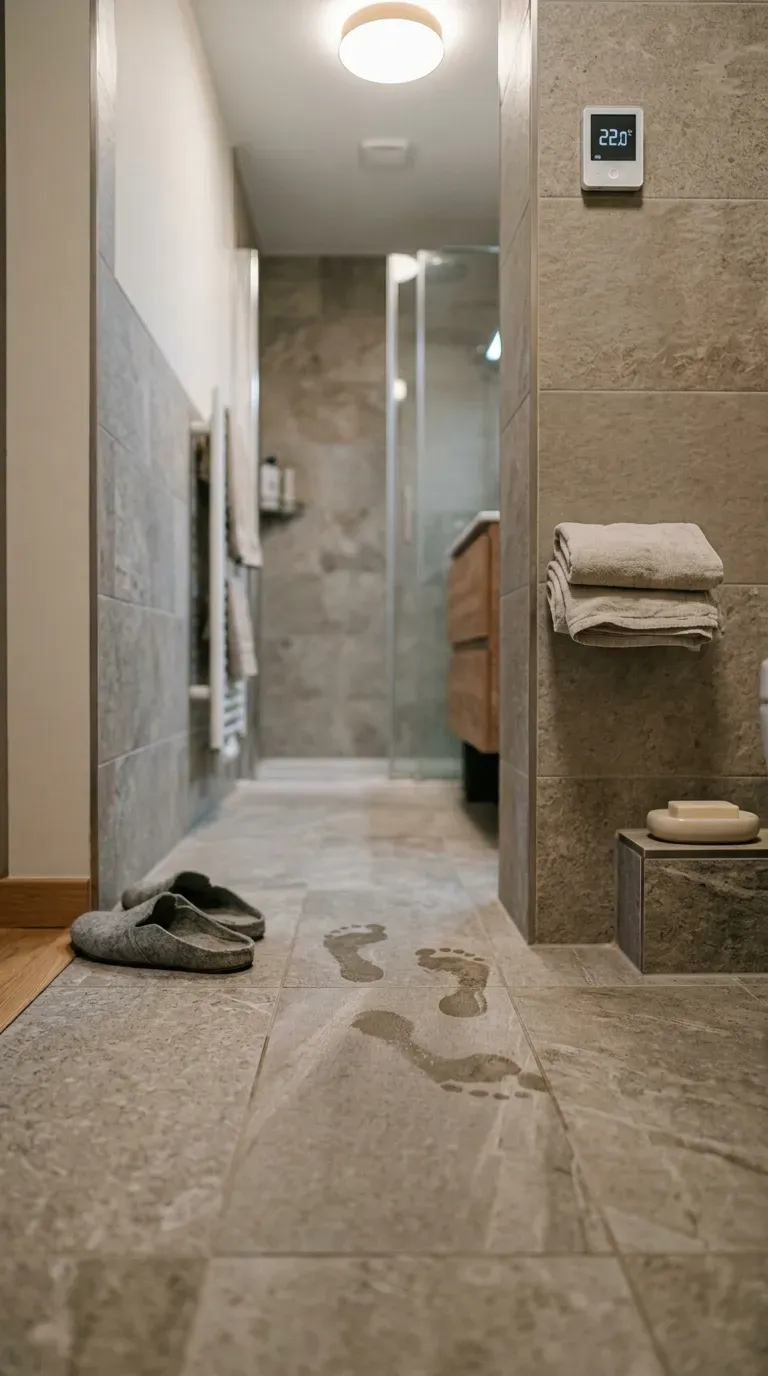 Bare feet on warm stone-effect tiled bathroom floor beside a folded towel and thermostat