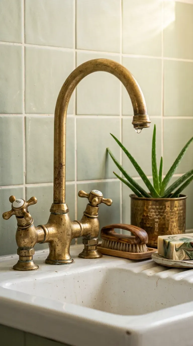 Unlacquered brass tap and handles on a white basin against pale green tile