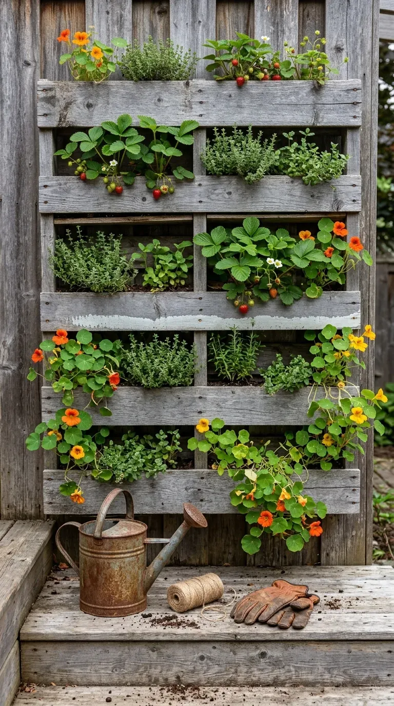 Reclaimed wood pallet mounted vertically on a deck wall holding rows of strawberries and herbs