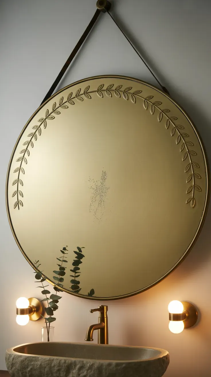 Round vintage brass mirror with botanical leaf etching above a bathroom sink