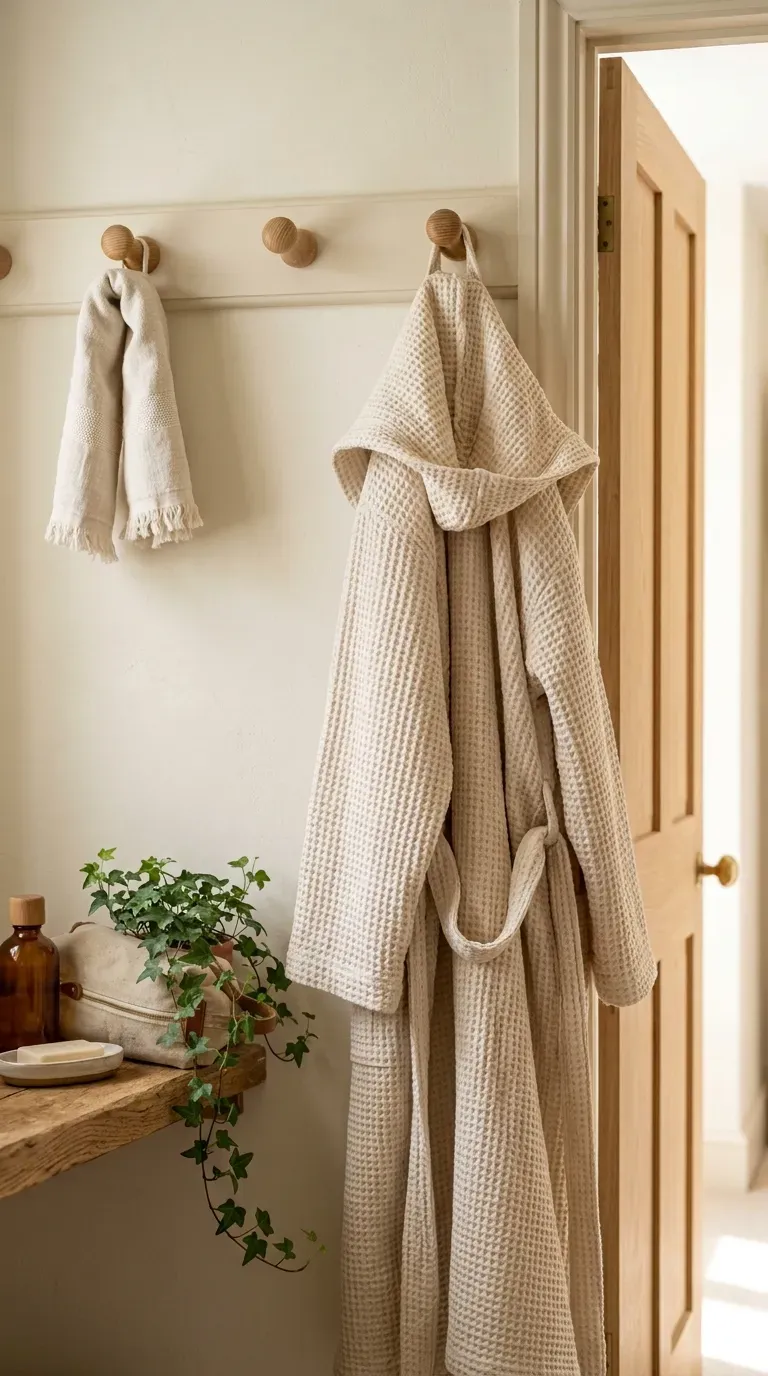 Cream waffle robe hanging on a row of wooden pegs beside a bathroom door