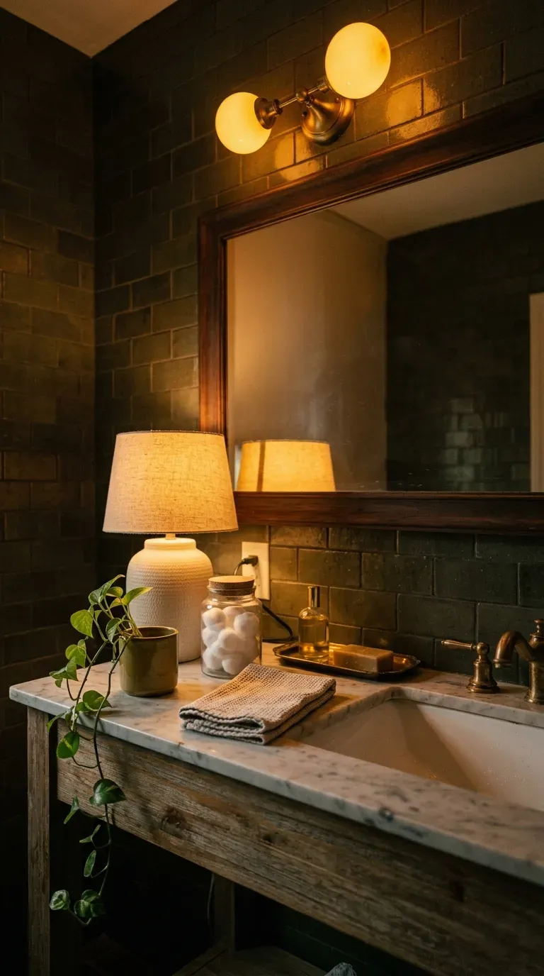 Warm amber bathroom vanity lit by a small plug-in lamp and soft bulbs