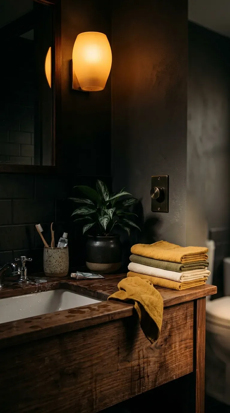 Warm amber bathroom lighting from wall sconce and dimmed ceiling light above a timber vanity