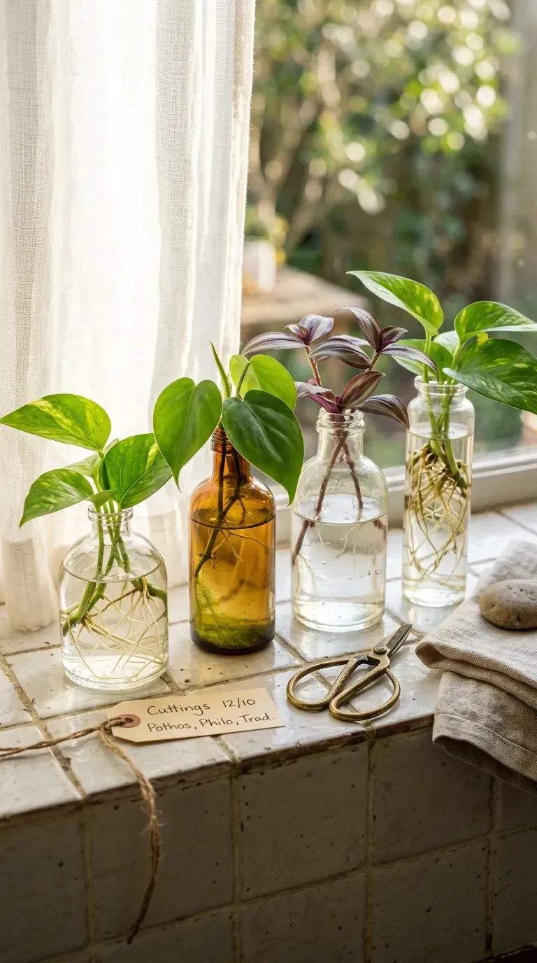 Glass jars with rooting cuttings lined along a bright bathroom windowsill