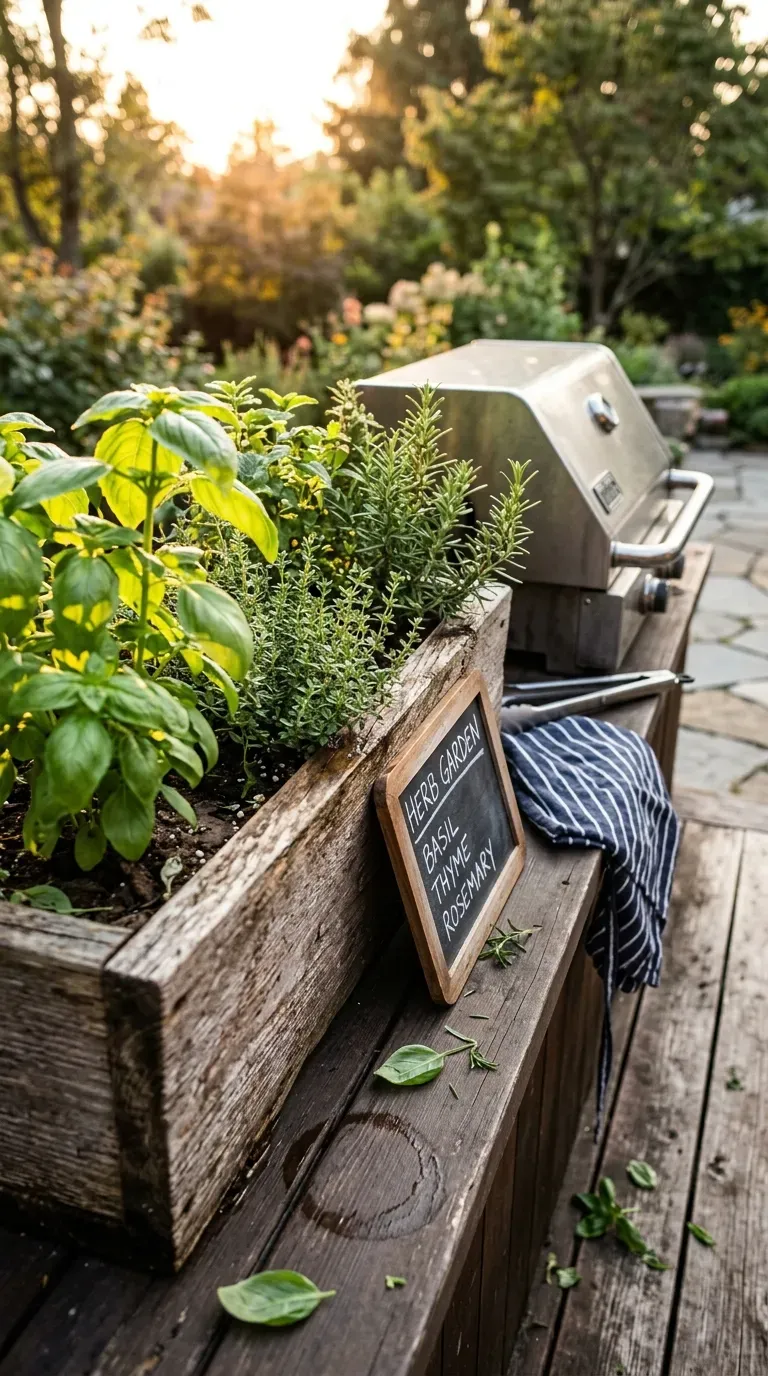 Cedar herb trough planted with basil and rosemary next to an outdoor grill station