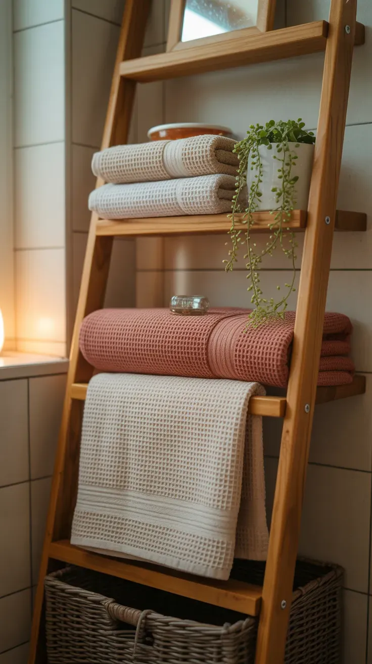 Wood ladder shelf holding folded waffle-weave towels and a small trailing plant in a bathroom