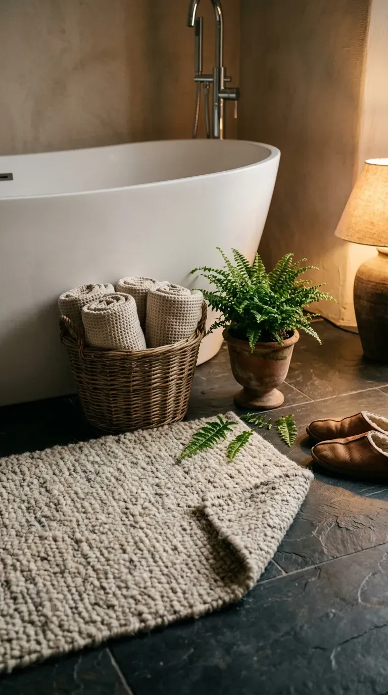 Thick undyed wool bath mat on dark tile floor beside a freestanding tub and plant