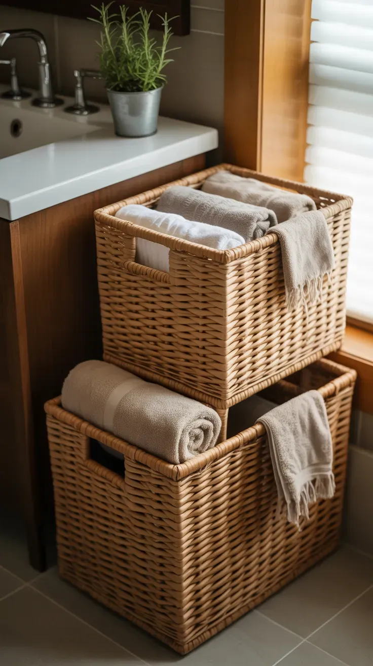 Two woven seagrass storage baskets stacked beside a bathroom vanity holding rolled towels