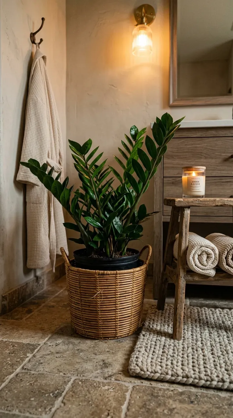 ZZ plant in a rattan basket beside a bathtub with rolled towels