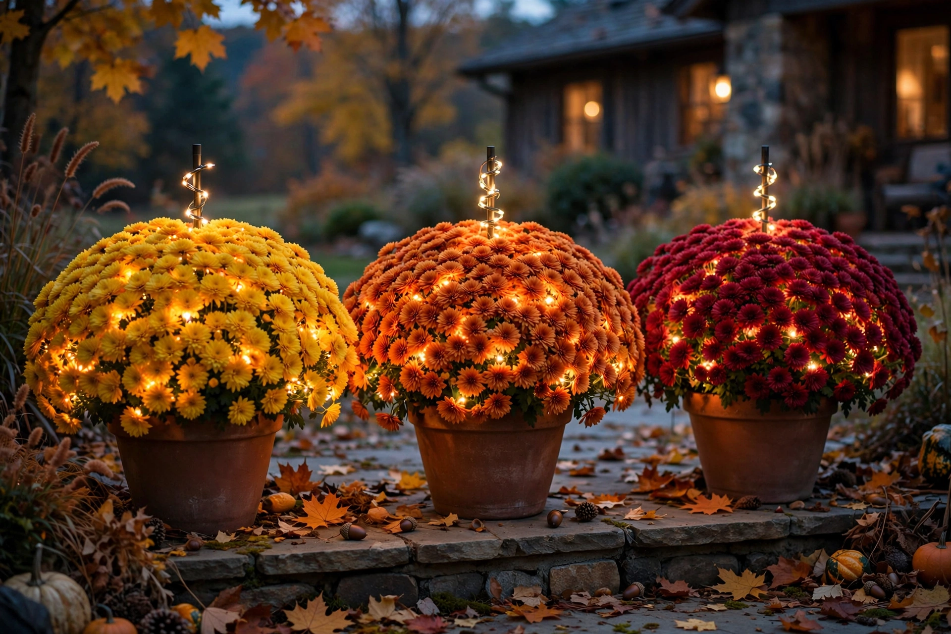 Mums-and-Lights Planter Combos