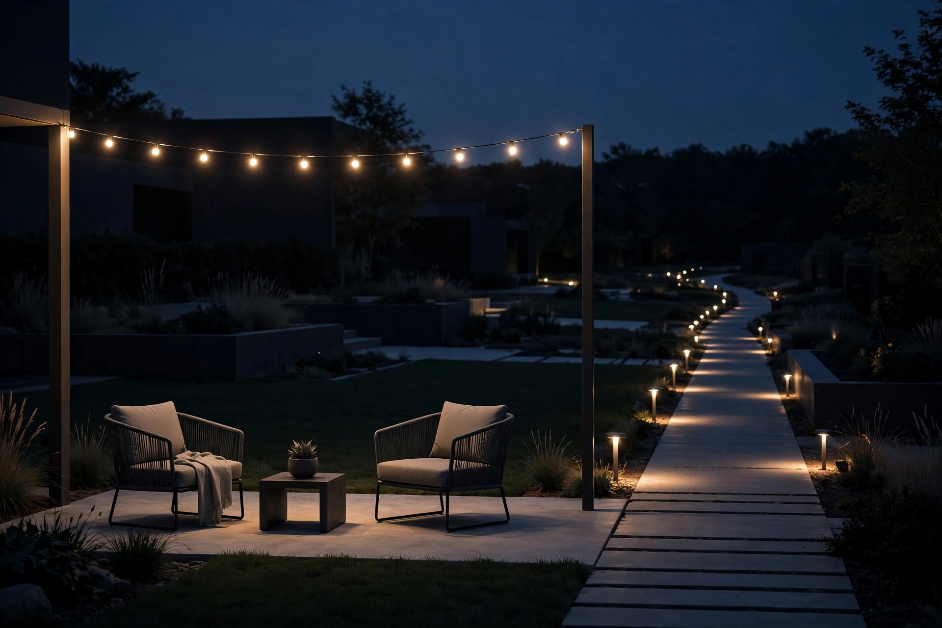 Pair One Overhead Strand With Solar Path Lights