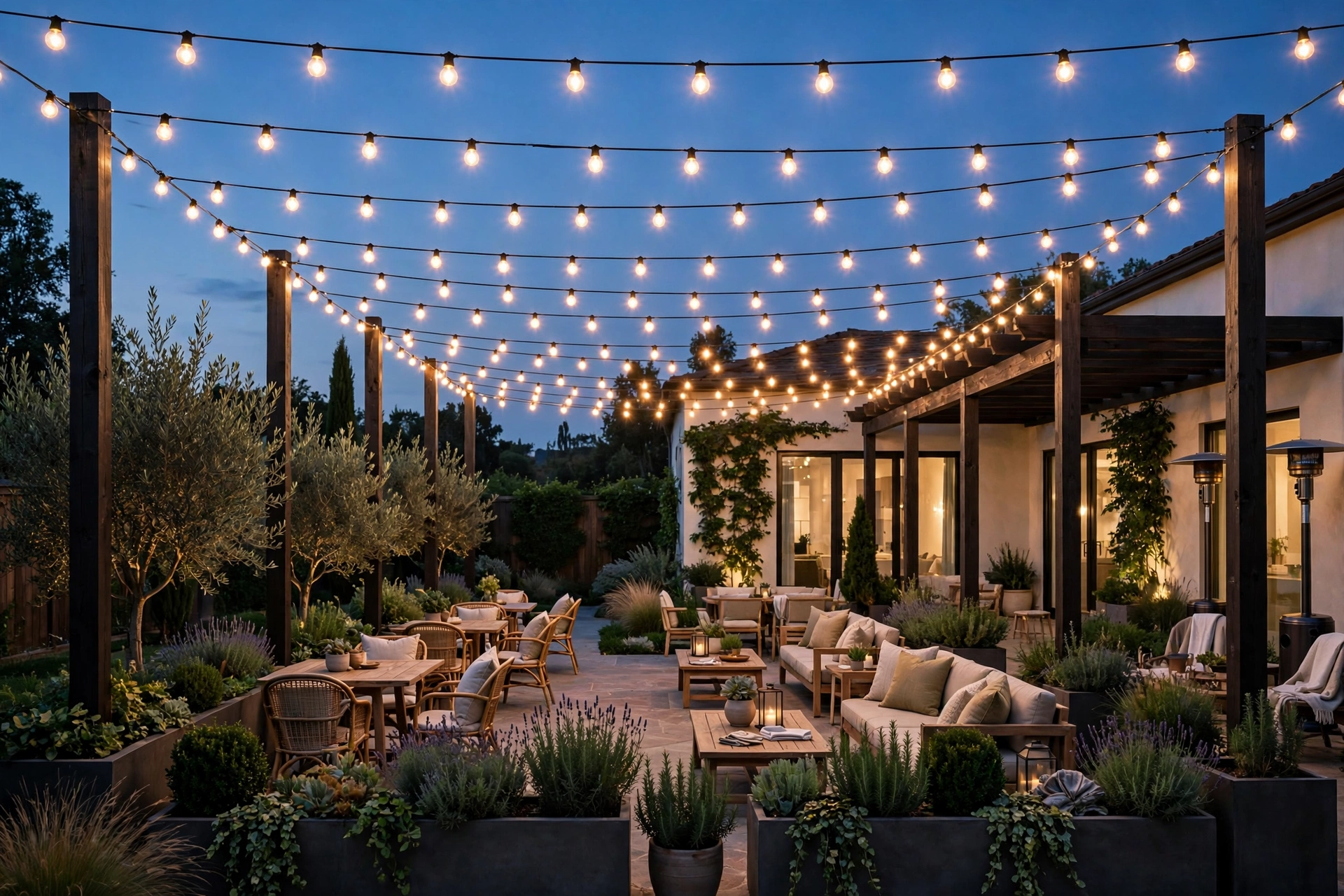 Cafe Light Canopy on Wooden Poles