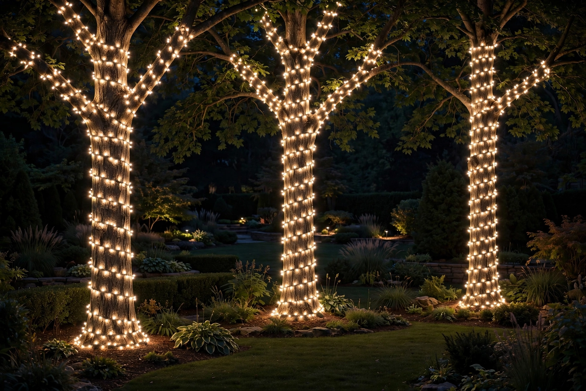 Wrapped Tree Trunks in Warm White