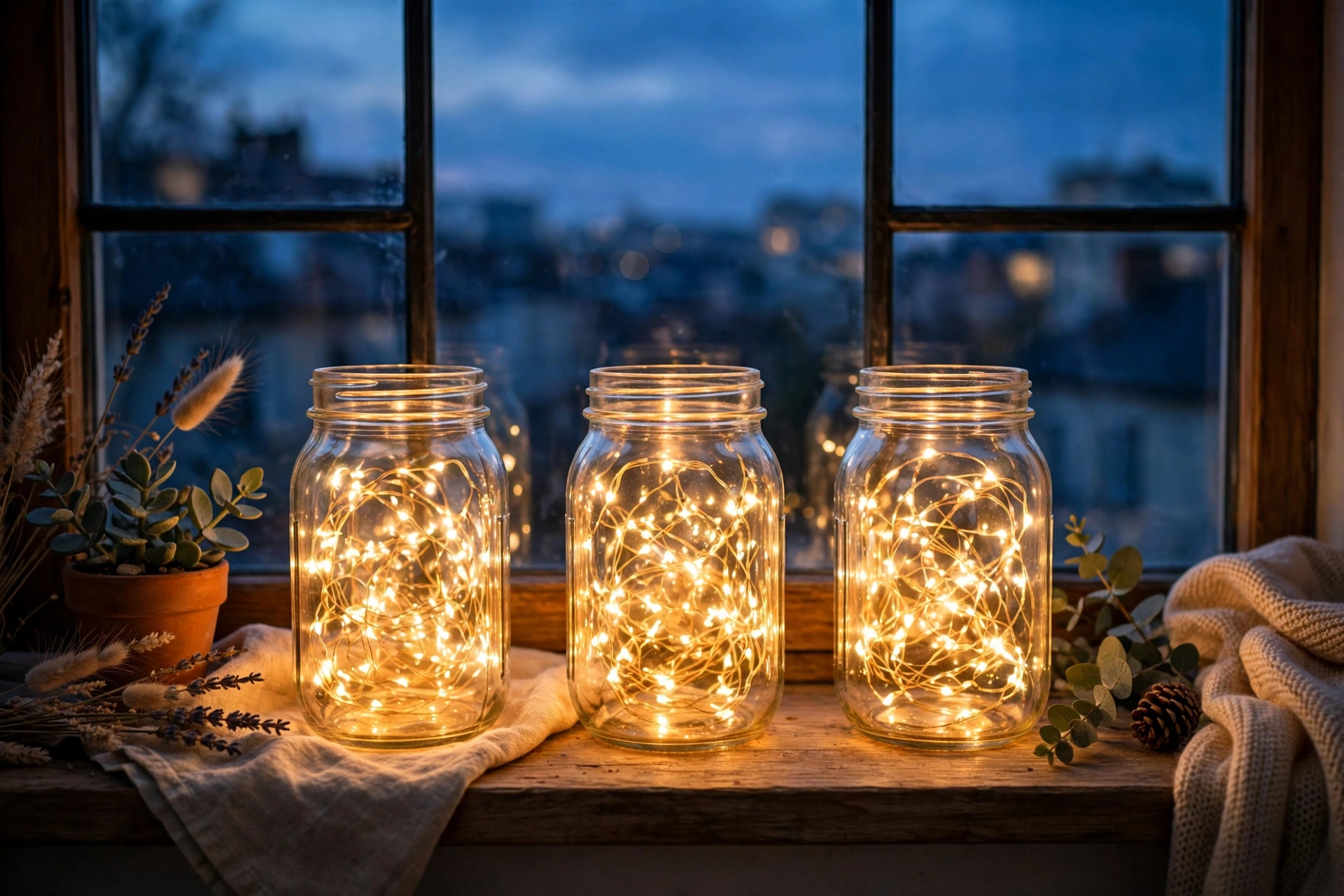 Mason Jar Lanterns on the Windowsill
