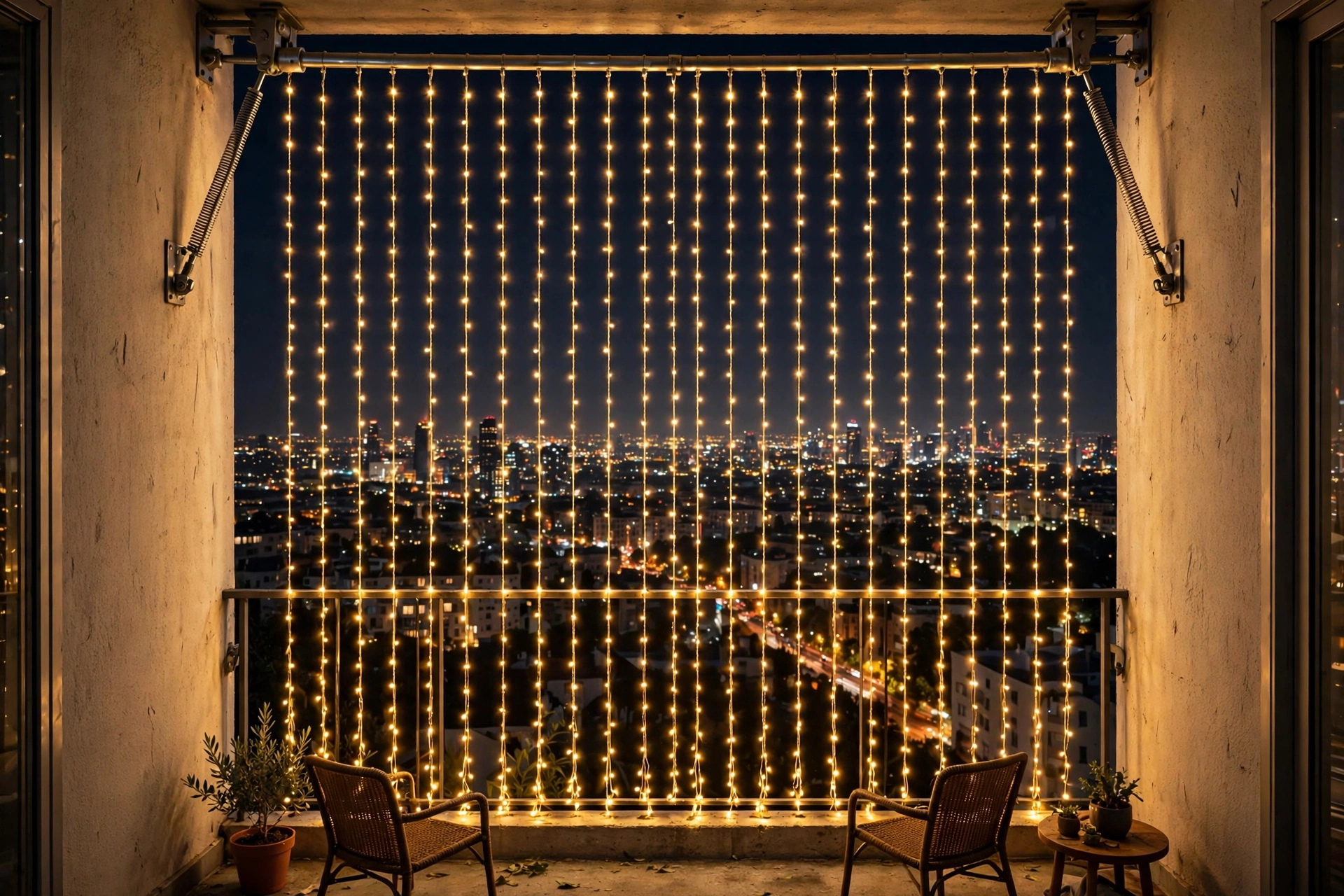 Tension Rod + Curtain Lights on an Open Balcony