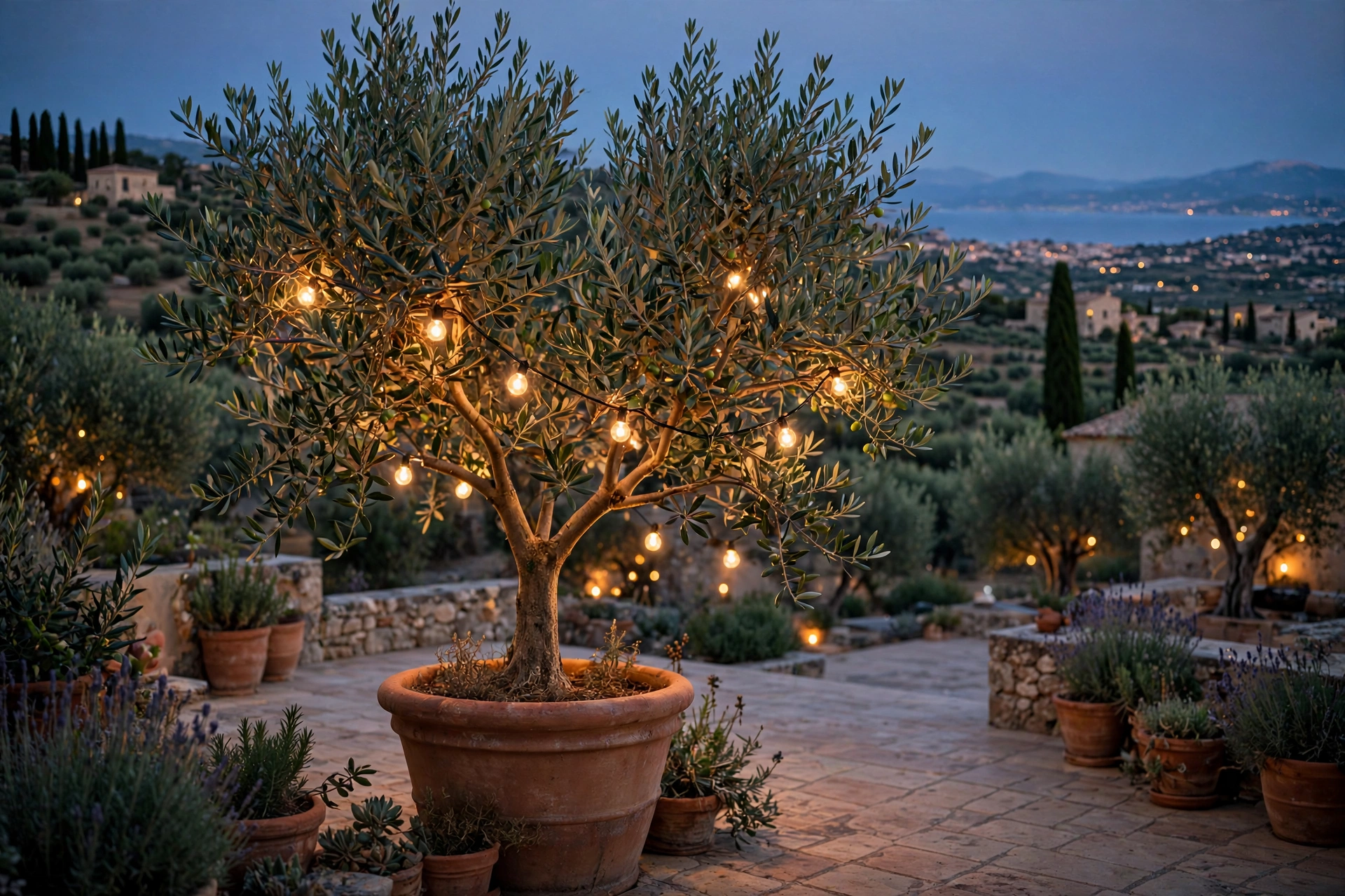 Globe String Lights + Potted Olive Tree