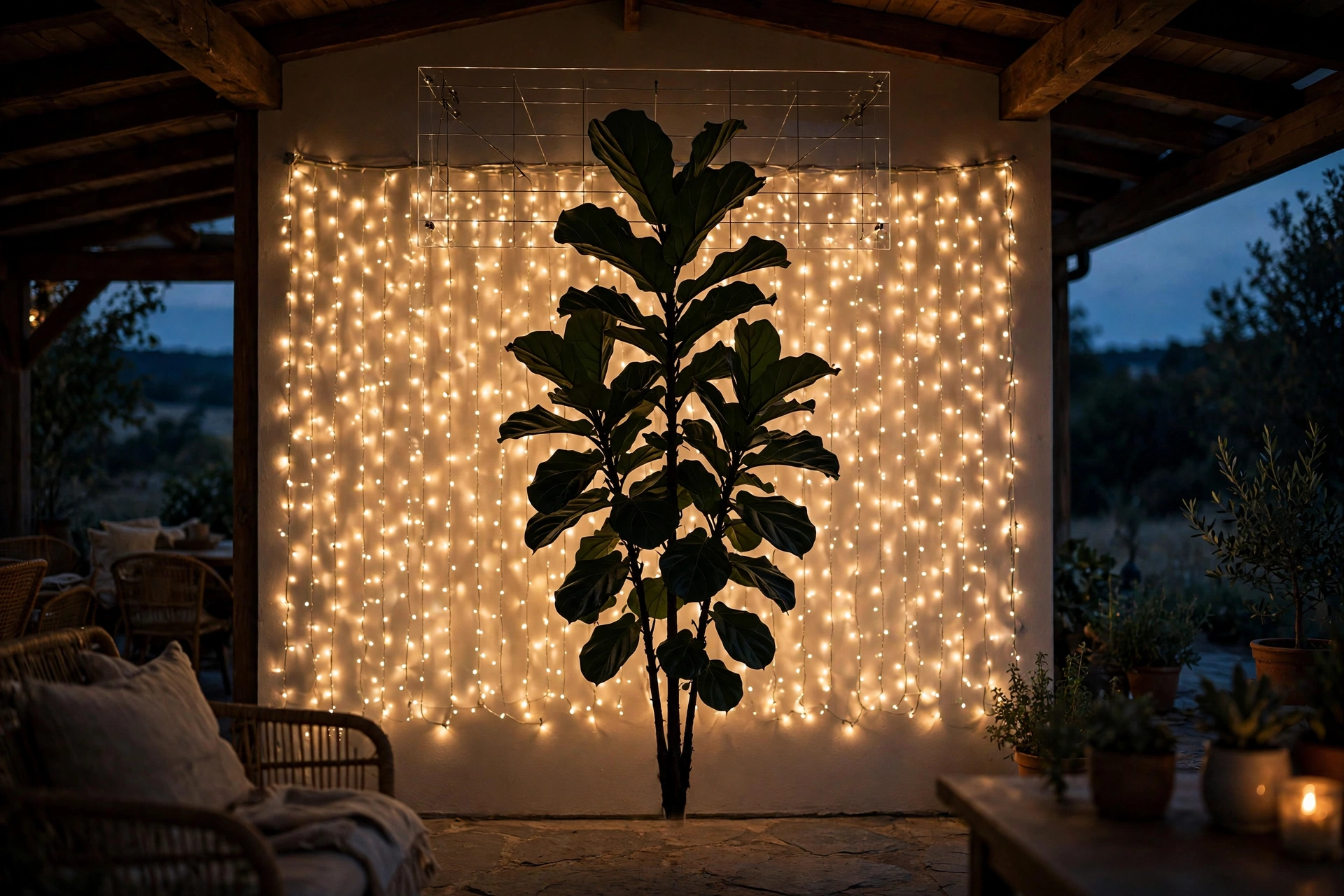 Curtain Lights + Tall Fiddle-Leaf Fig