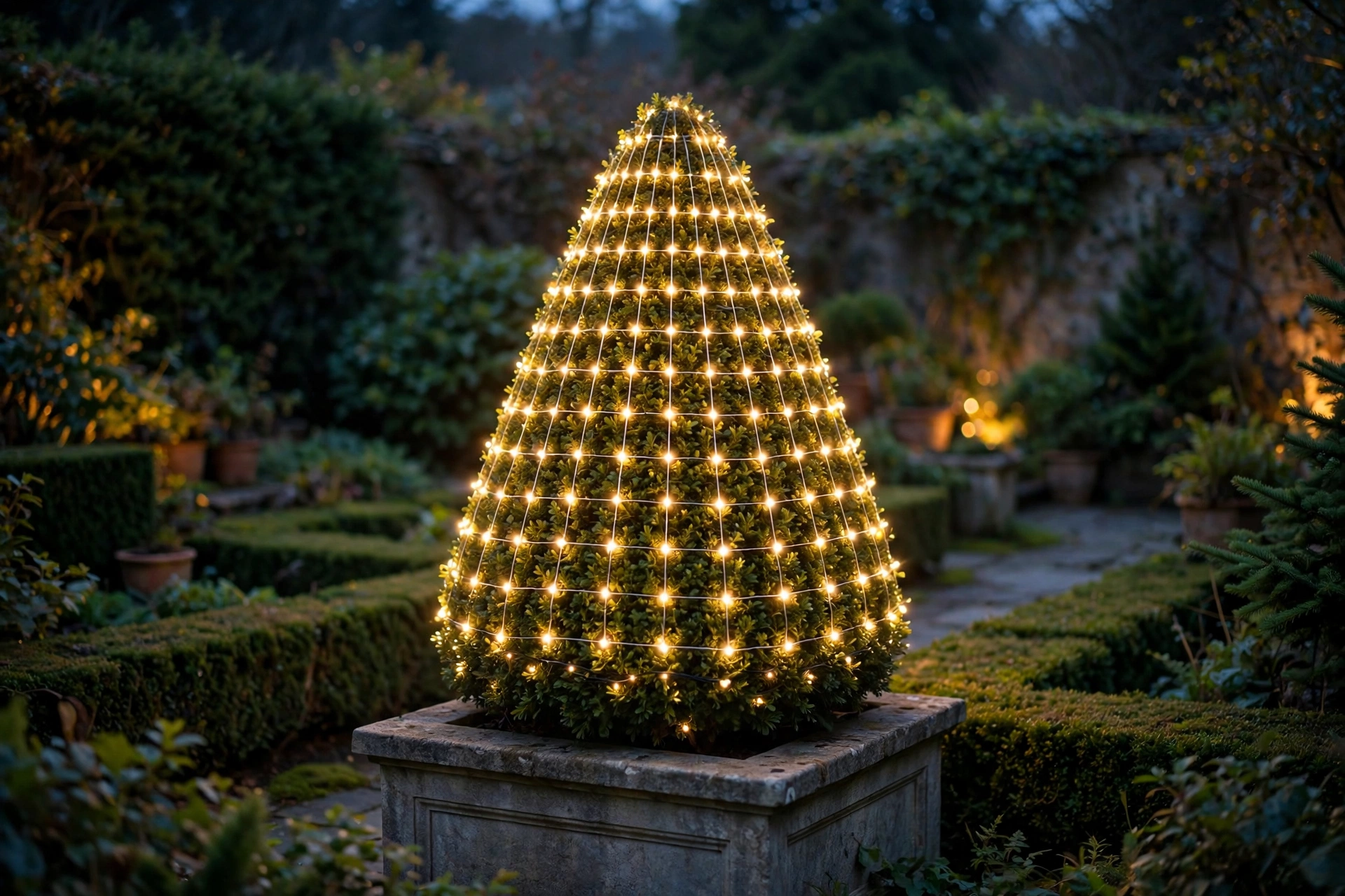 Net Lights + Boxwood Topiary