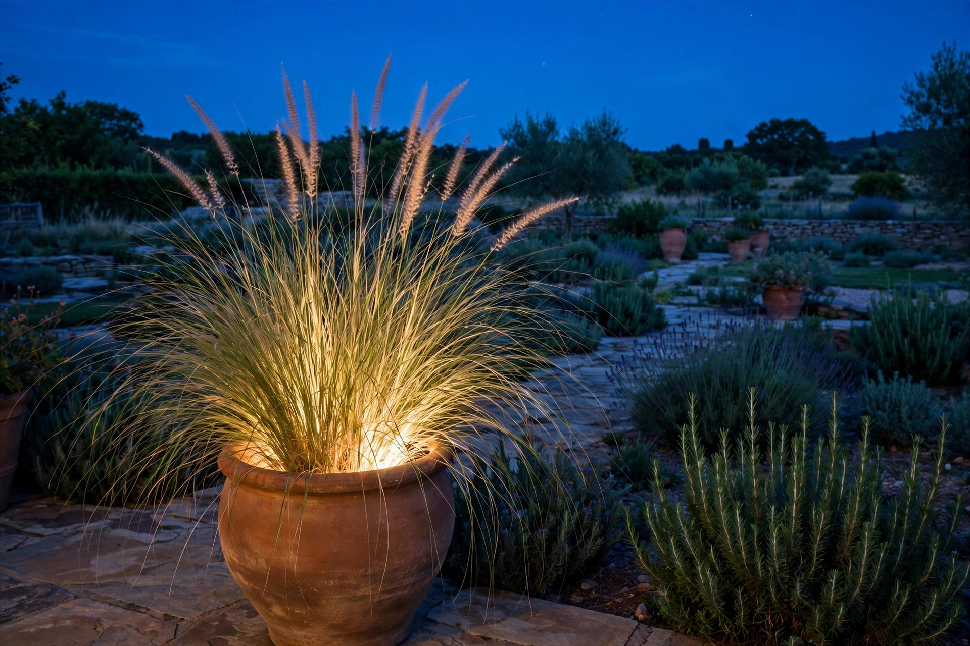 Hidden Rope Light + Ornamental Grass Pot