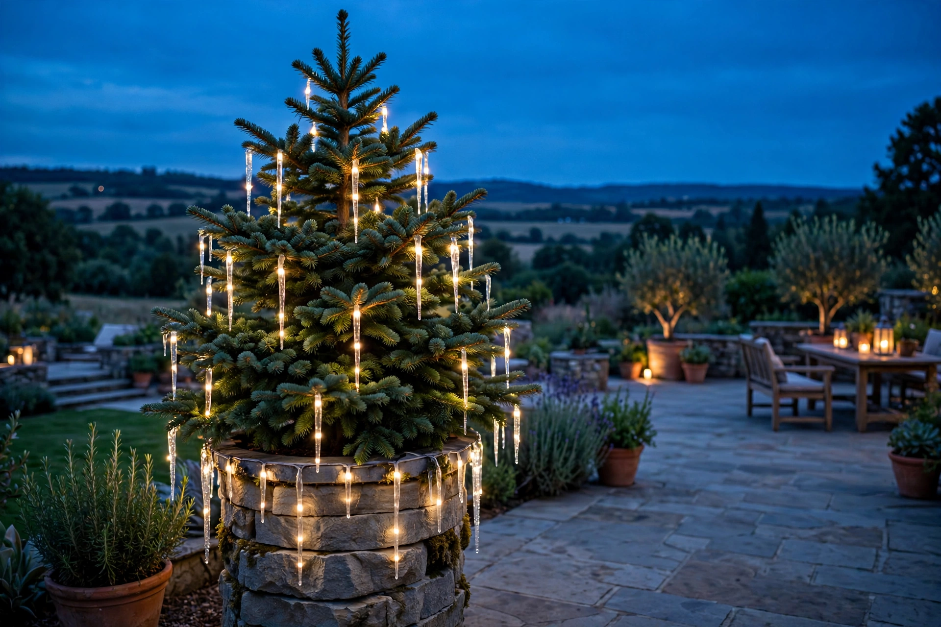 Icicle Lights + Evergreen in a Planter