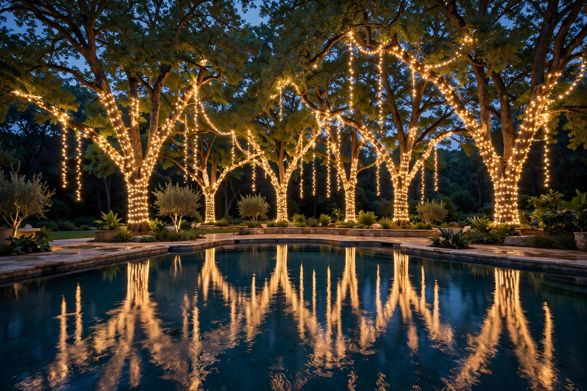 String Lights in the Trees Behind the Pool