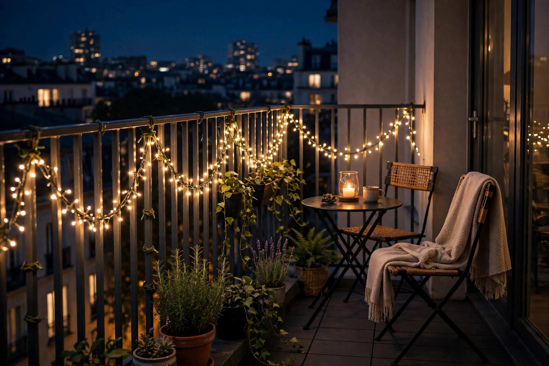 Swag lights along the balcony railing