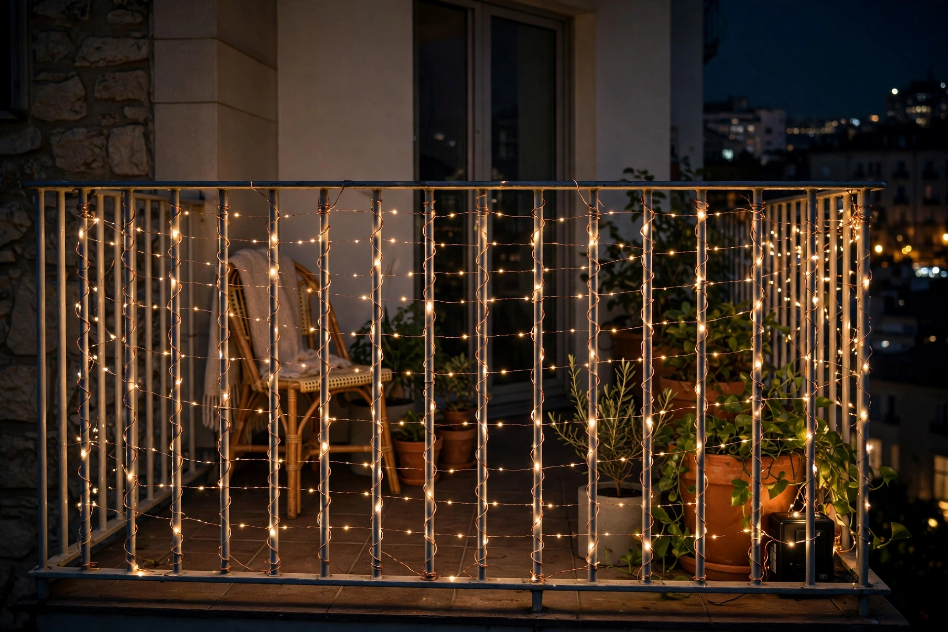 Wrap the railing balusters with copper-wire lights