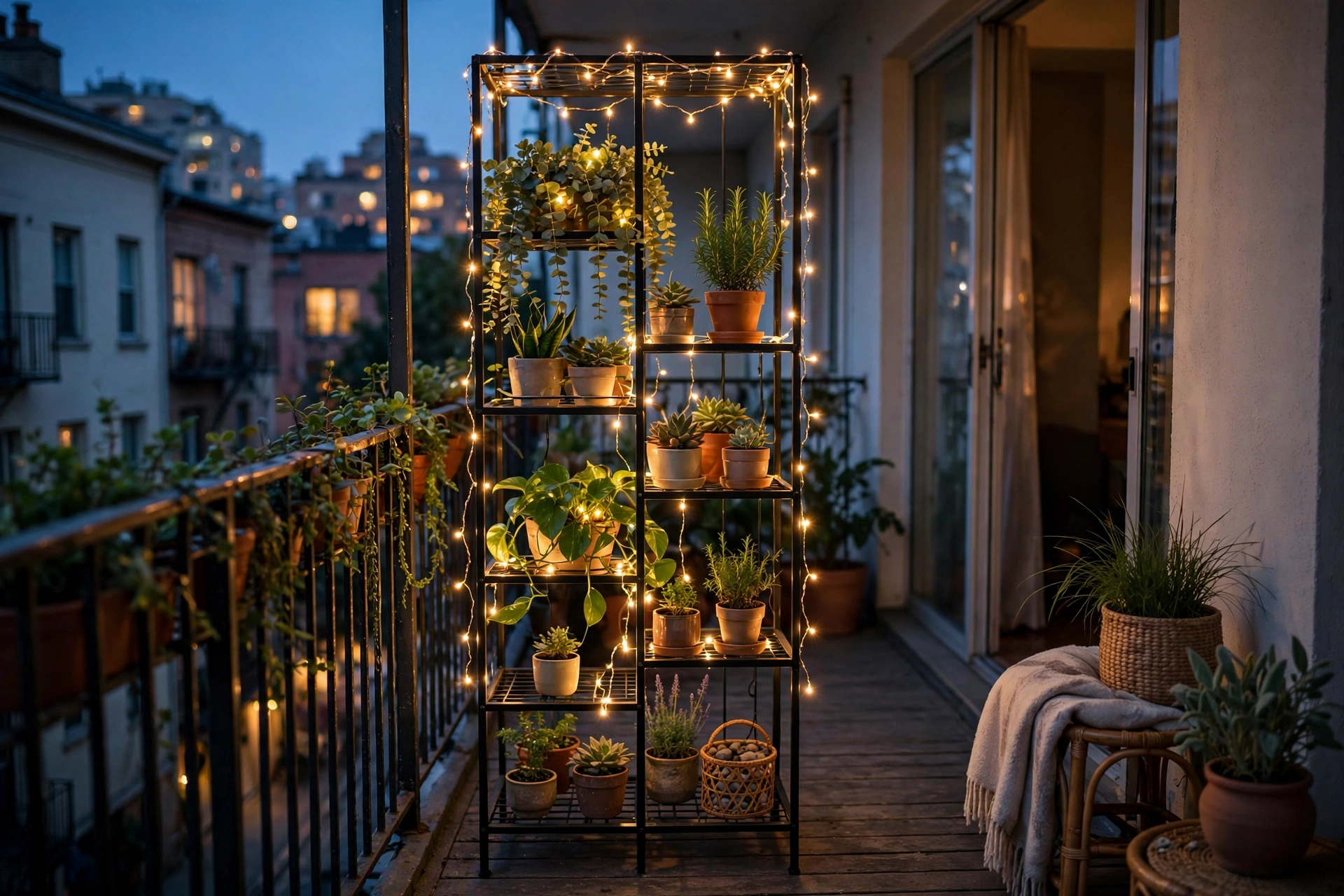 Hang lights from a freestanding shelf or plant stand