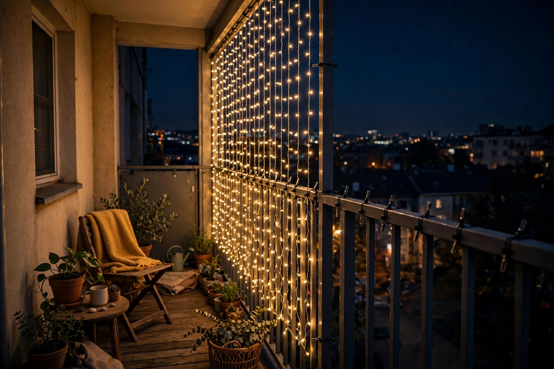 Clip curtain lights to the railing with zip ties