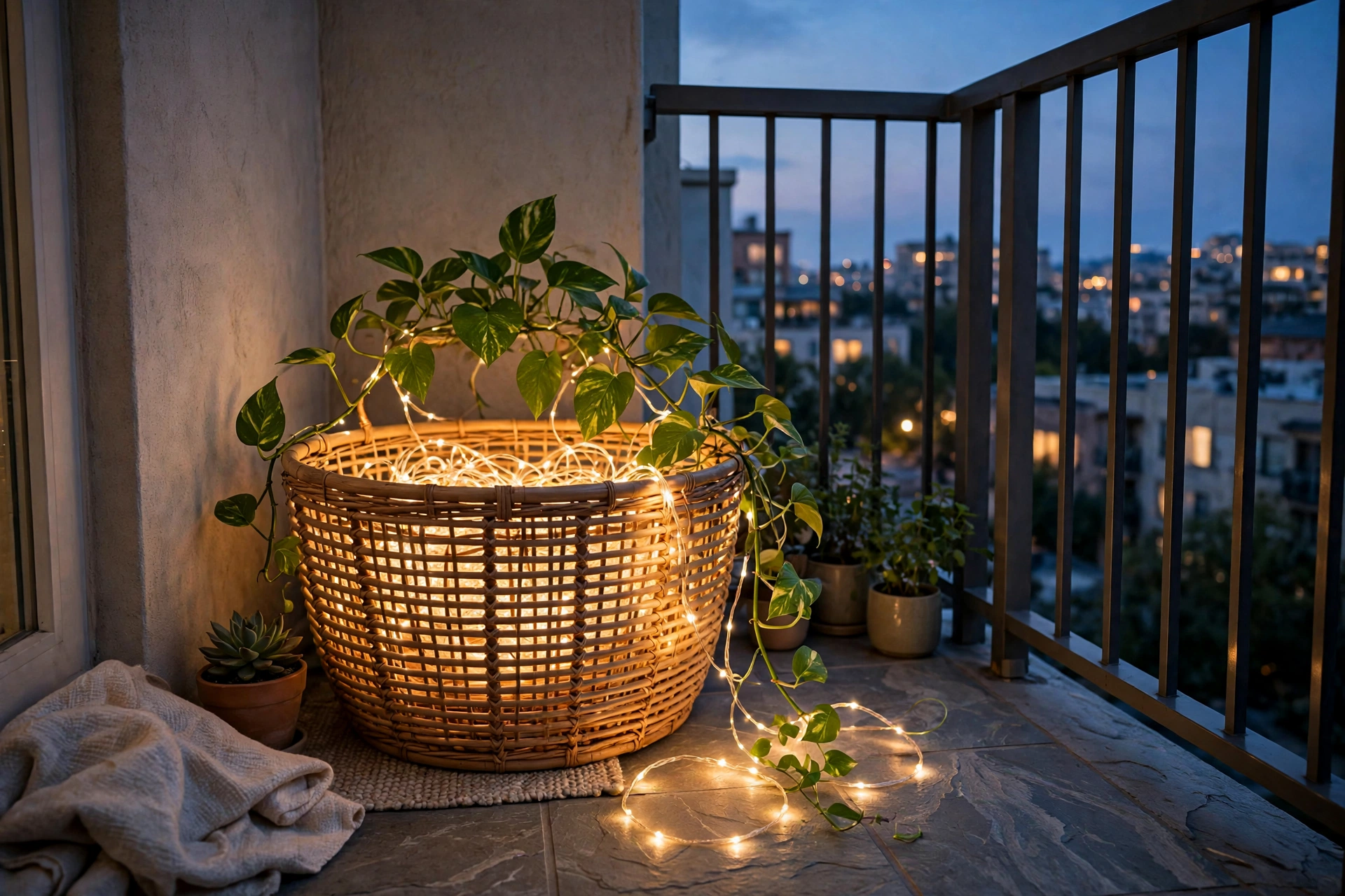 Layer lights inside a rattan basket or wooden crate