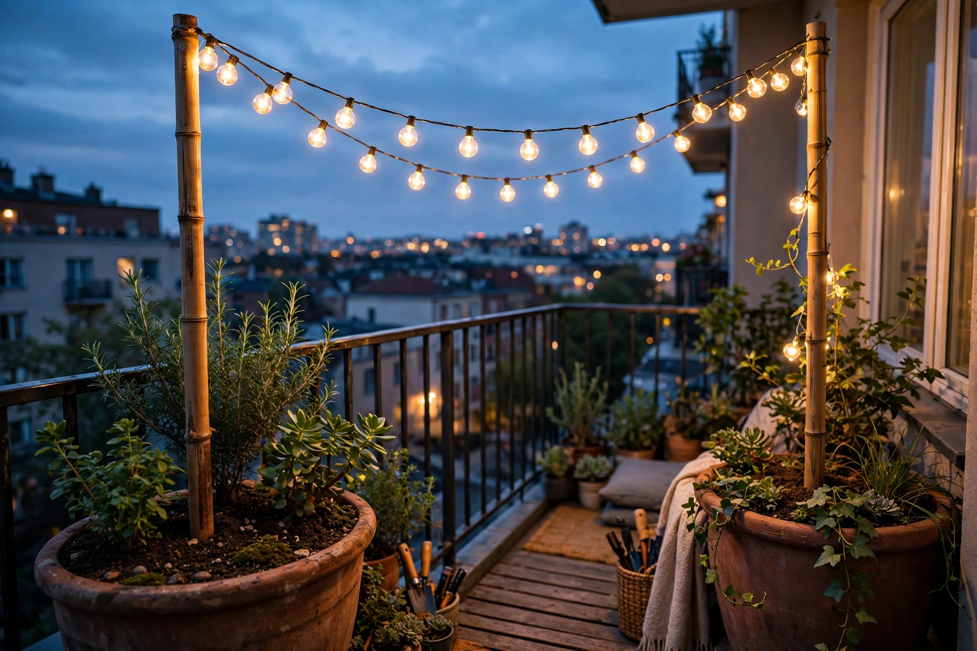 String lights between two heavy planters