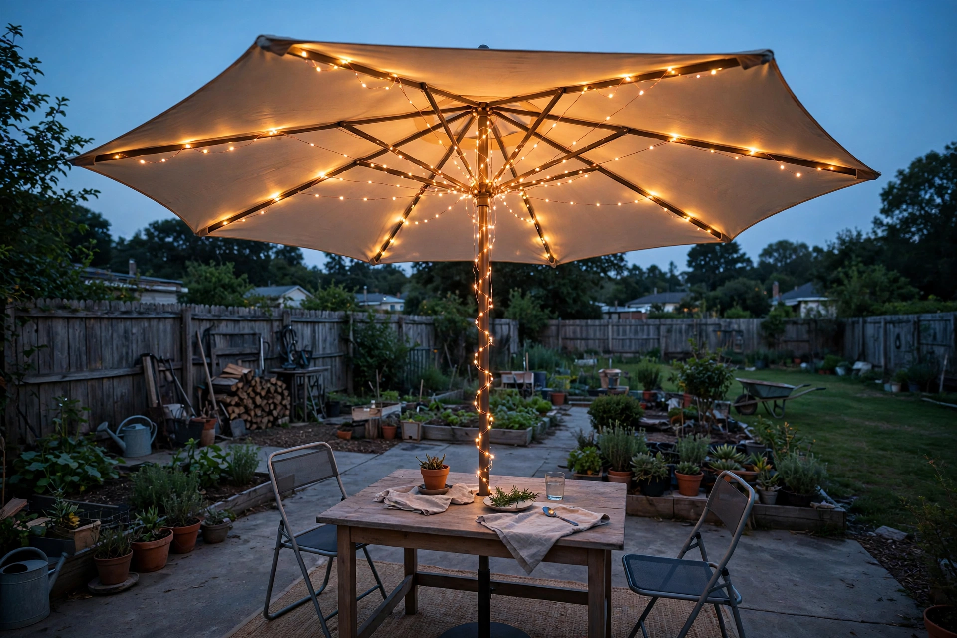 Light the patio umbrella you already have (about $13)