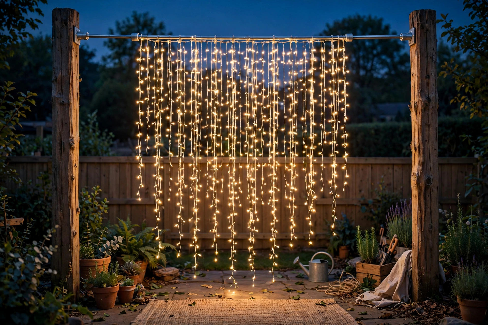 Hang curtain lights from a tension rod (about $22)